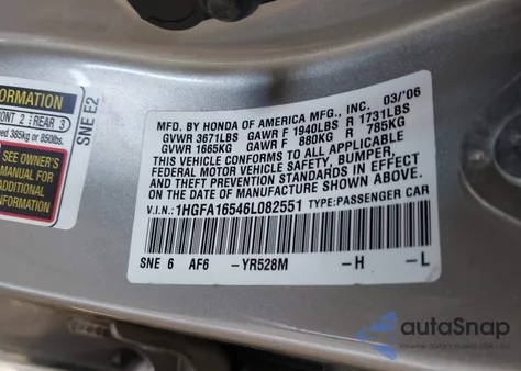 2006 Honda Civic Lx from USA, damaged, VIN 1HGFA16546L082551